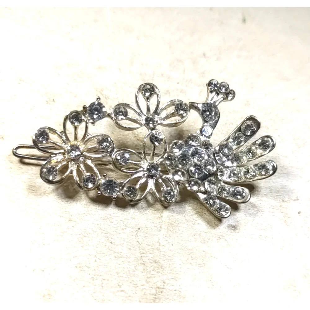 Delightful Peacock Hair Barrette Silver Tone Rhinestone Floral Bird Feminine